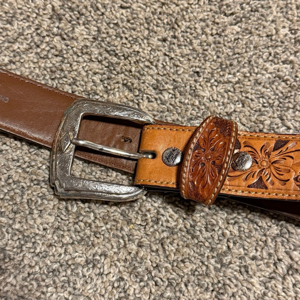 Vintage Tony Lama Gene Leather Belt 36 Tooled Floral Western Cowboy Silver - Picture 3 of 10
